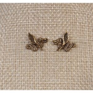 Vintage Sterling Silver Viking Nordic Dragon Stud Earrings Brass Tone